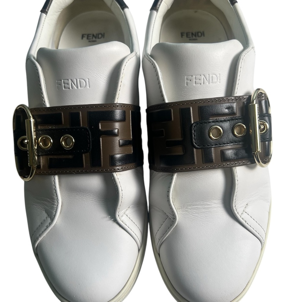 Fendi Roma Women’s White & Brown Buckle Sneakers Size 8